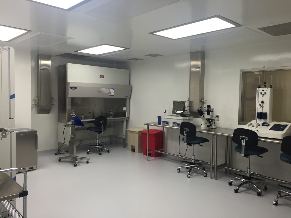 View of interior of workroom in the ACT Facility, with a cell culture station and microscope