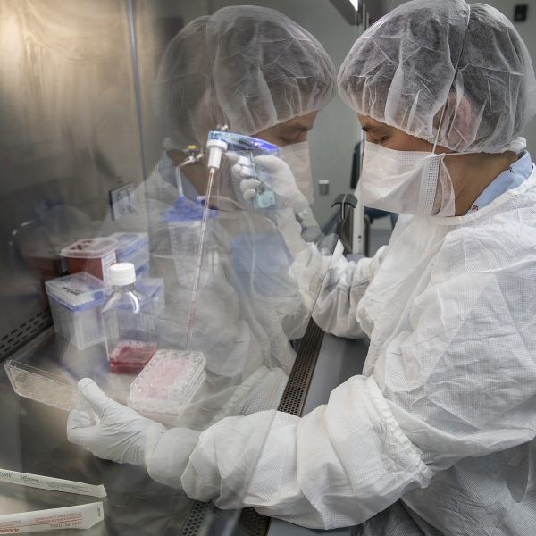 Person using pipette to take cell culture media out from a bottle and into a cell culture plate.
