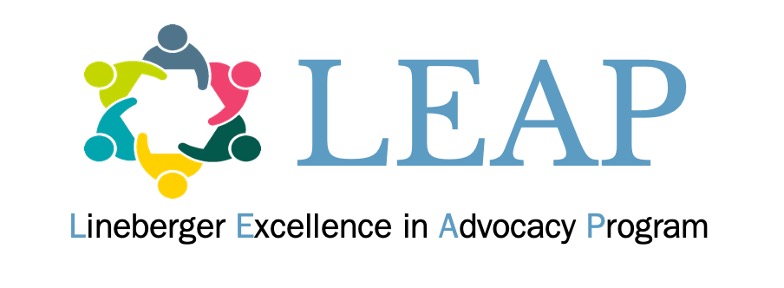 Logo for Lineberger Excellence in Advocacy Program - LEAP. Icon of 6 people forming a circle,