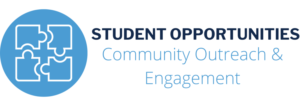 Icon of puzzle piece with words "student opportunities. Community outreach and engagement"