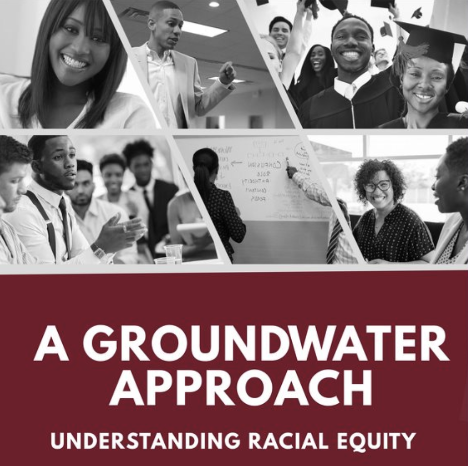 Black and white images of black people in education and business settings. Banner text reads, A groundwater approach: understanding racial equity.