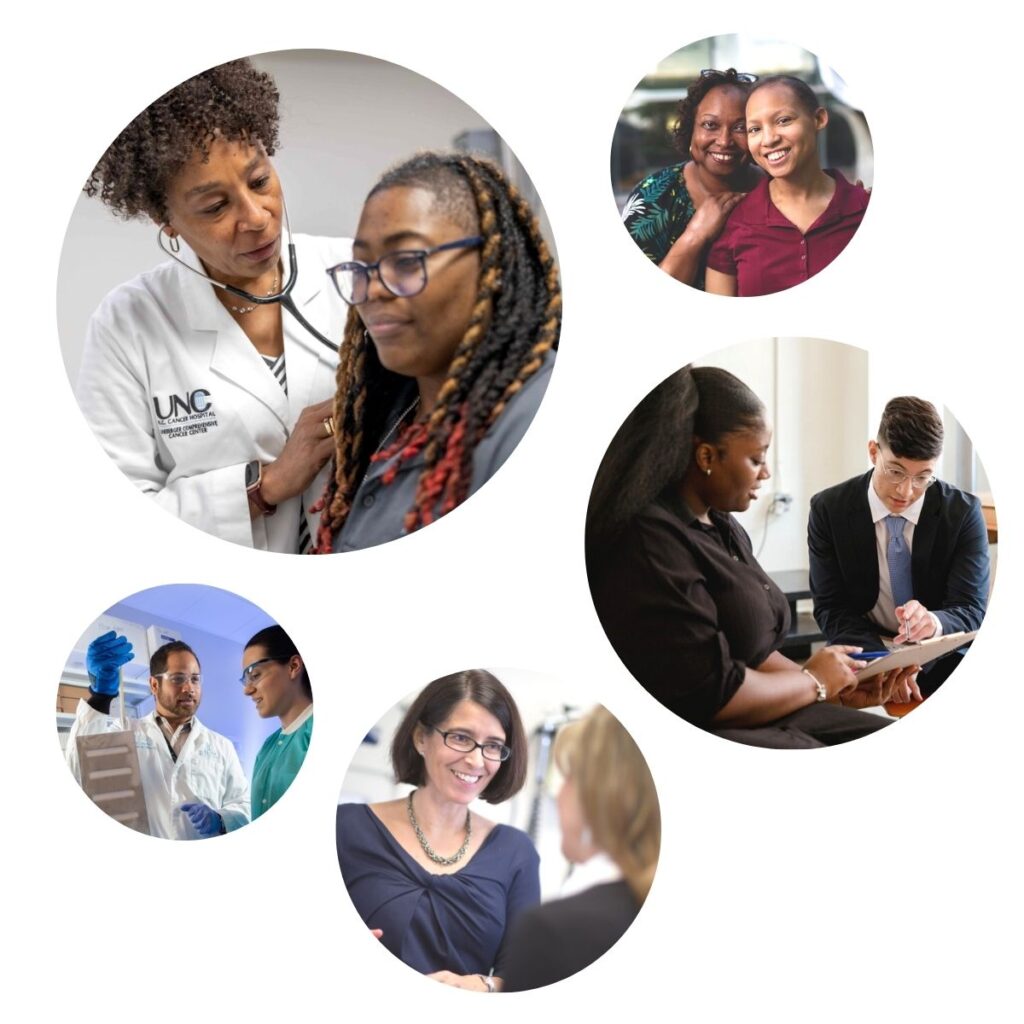 A cluster of images showing people in lab research and patient care roles. The people in the photos are from diverse racial and ethnic backgrounds.