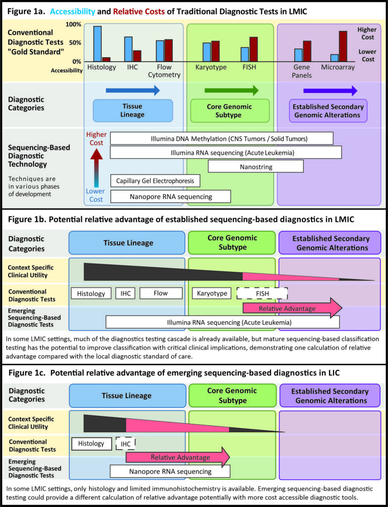Figure 1a: Accessibility and Relative Costs of Traditional Diagnostic Tests in LMIC; Figure 1b: Potential relative advantage of established sequencing-based diagnostics in LMIC; Figure 1c. Potential relative advantage of emerging sequencing-based diagnostics in LIC.