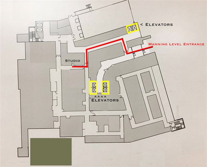 Map for finding UNCLCN's studio on the Manning level of the NC Basnight Cancer Hospital.