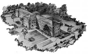 Etching of overhead view of Gravely building