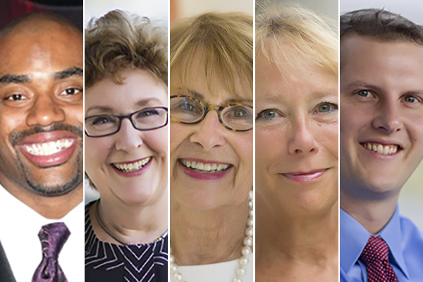 Left to right, Chris Draft, Deborah K. Mayer, PhD, RN, AOCN, FAAN, Loretta Muss, RN, BS, Kirsten Nyrop, PhD, and Chad Pecot, MD, will be speaking at UNC Lineberger's Cancer Survivors Day event on June 9.