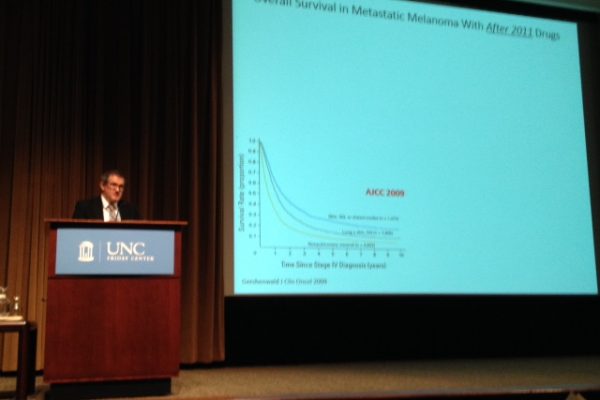 Stergios Moschos, MD, a UNC Lineberger member, a clinical associate professor of medicine at the University of North Carolina School of Medicine Division of Hematology/Oncology, presented on research efforts to find new melanoma treatments and advances.