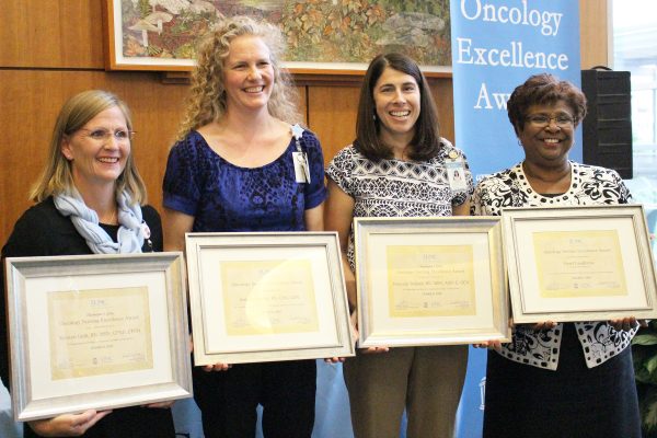 This year's Oncology Excellence Award winners (left to right) Kristi Geib, RN, MSN, CPNP, CPON, Jennifer Spring, RD, CSO, LDN, Deborah Ballard, RN, MSN, ANP-C, OCN, and Pearl Langhorne