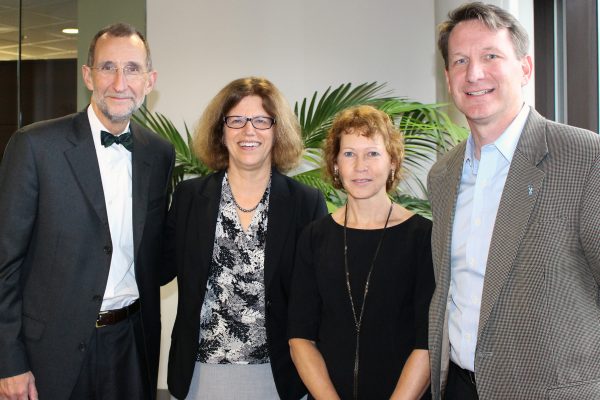 Dr. Bill Roper, Dean, UNC School of Medicine; Dr. Leslie Parise, Chair of Biochemistry and Biophysics; Dr. Sharon Campbell, 2014 Hyman L. Battle Distinguished Cancer Research Award Recipient; Dr. Ned Sharpless, Director of UNC Lineberger