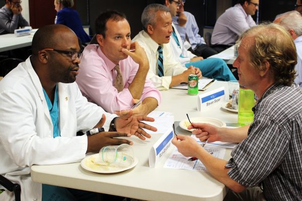 Benjamin E. Haithcock, MD, associate professor of surgery and anesthesiology, Jason Long, MD, MPH, assistant professor of surgery and Richard Goldberg, PhD, research associate professor of biomedical engineering, participated in a speed-dating event.