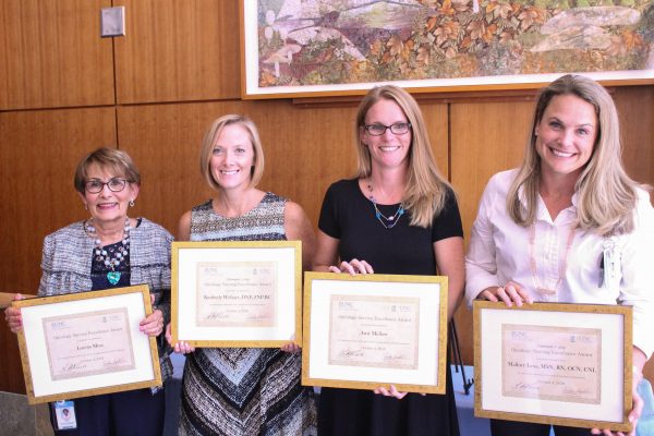 (From left to right) Loretta Muss, Kimberly Wehner, DNP, FNP-BC, Amy Mellow and Mallory Lexa, MSN, RN, OCN, CNL were each recognized with a 2018 Oncology Excellence Award.