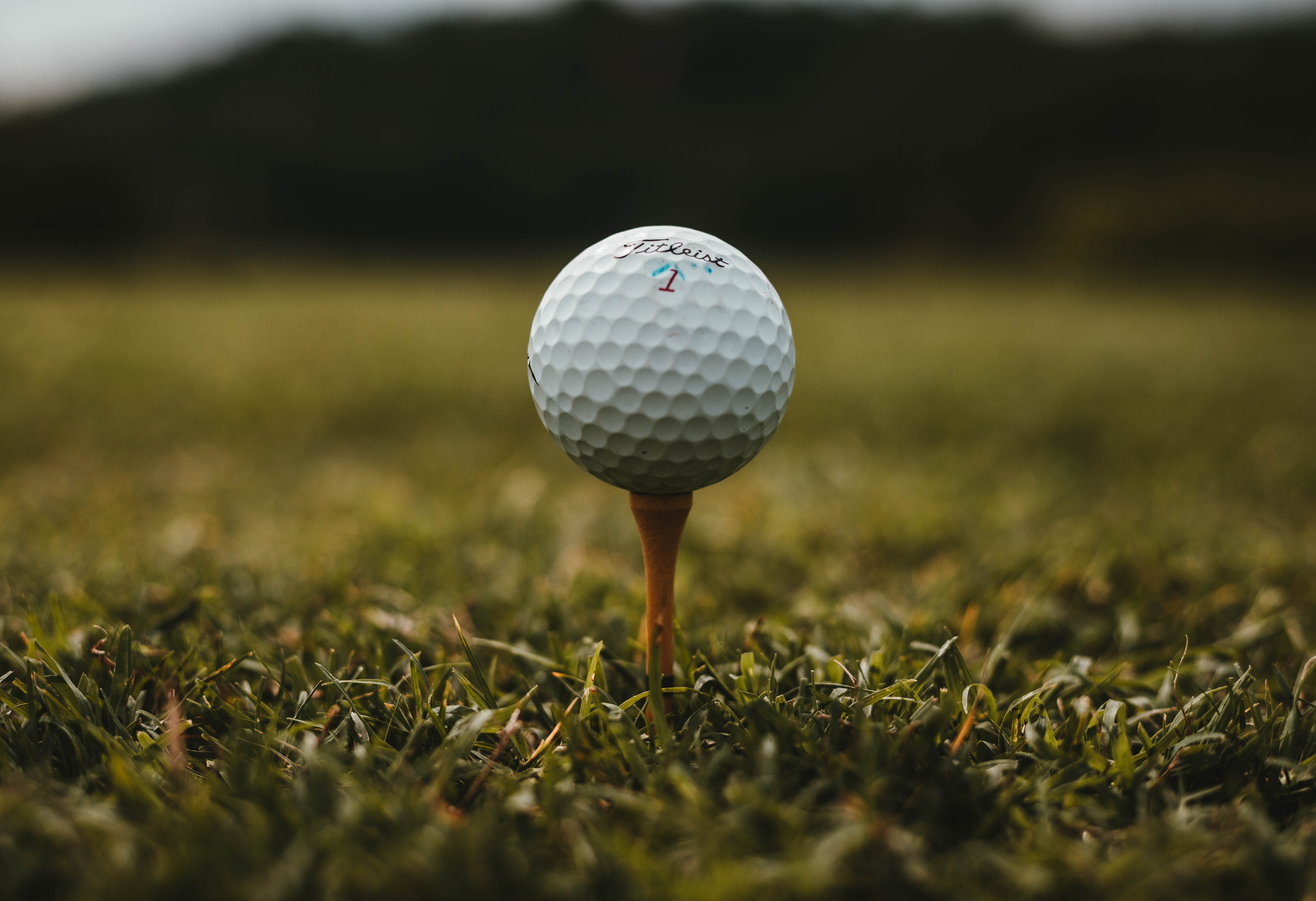 Golf ball on a tee, placed in grass.
