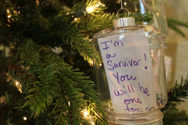 Ornament with special message on the Tree of Hope at the North Carolina Cancer Hospital