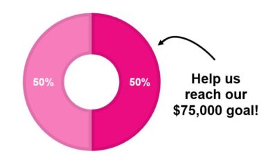 Pie chart showing 58% is still needed to meet the $75,000 fundraising goal.
