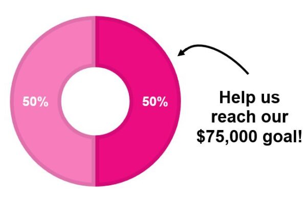 Pie chart showing 50% is still needed to meet the $75,000 fundraising goal.