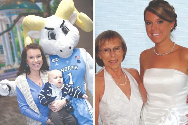 Two images: A woman holds a baby and poses with the UNC-Chapel Hill school mascot, a ram wearing a blue basketball jersey; second image is two women wearing white evening wear pose for a photo at a fundraising event.
