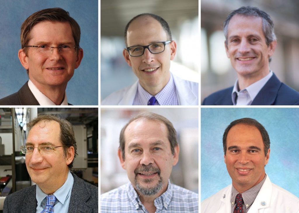 Composite image of headshots of UNC Lineberger researchers and physician-researchers Nigel Mackman, Matthew Milowsky, Ben Philpot, Bryan Roth, Jude Samulski and Nicholas Shaheen.