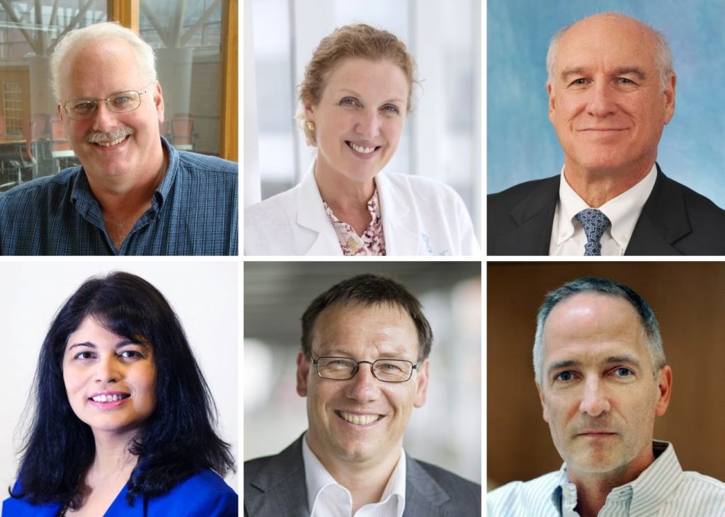 Composite image of headshots of UNC Lineberger researchers and researcher-physicians Ralph Baric, Lisa Carey, Myron Cohen, Blossom Damania, Dirk Dittmer, and Joseph Eron. 
