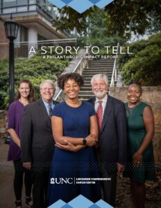 Cover of the 2021 UNC Lineberger Philanthropic Impact Report. Five members of the Diversity, Equity and Inclusion Council stand outside in front of a stone wall and steps.