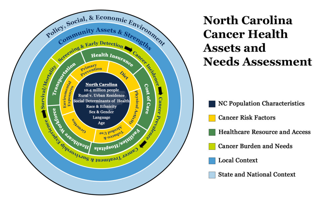 Infographic illustrating the relationships of health assets and needs of cancer health in North Carolina. Rings expand outward from the center, showing the relationship of the following items: North Carolina population characteristics, cancer risk factors, healthcare resources and access, cancer burden and needs, local context, and state and national context.
