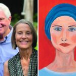 Photo of Cindi Jolly with her husband and a self-portrait she painted.