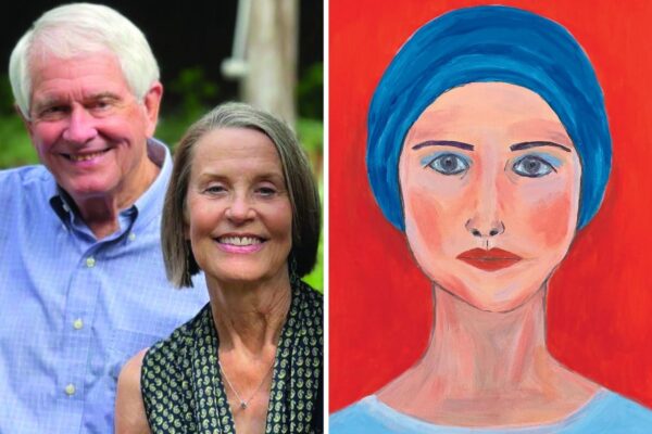 Photo of Cindi Jolly with her husband and a self-portrait she painted.