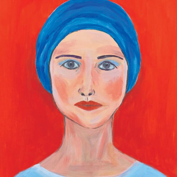 Painted self portrait of a woman wearing a dark blue headscarf and a light blue shirt.