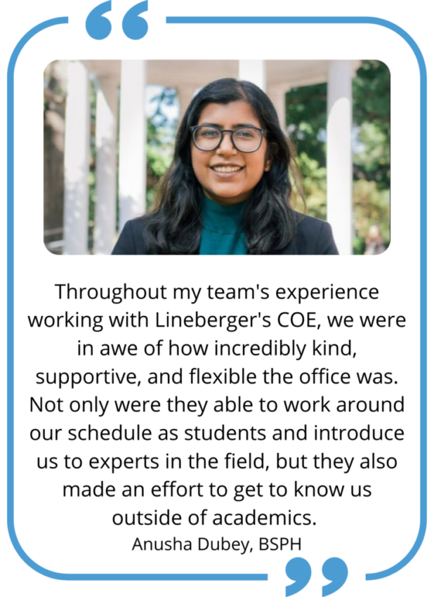 Quote from Student Anusha Dubey "Throughout my team's experience working with Lineberger's COE, we were in awe of how incredibly kind, supportive, and flexible the office was. Not only were they able to work around our schedule as students and introduce us to experts in the field, but they also made an effort to get to know us outside of academics."