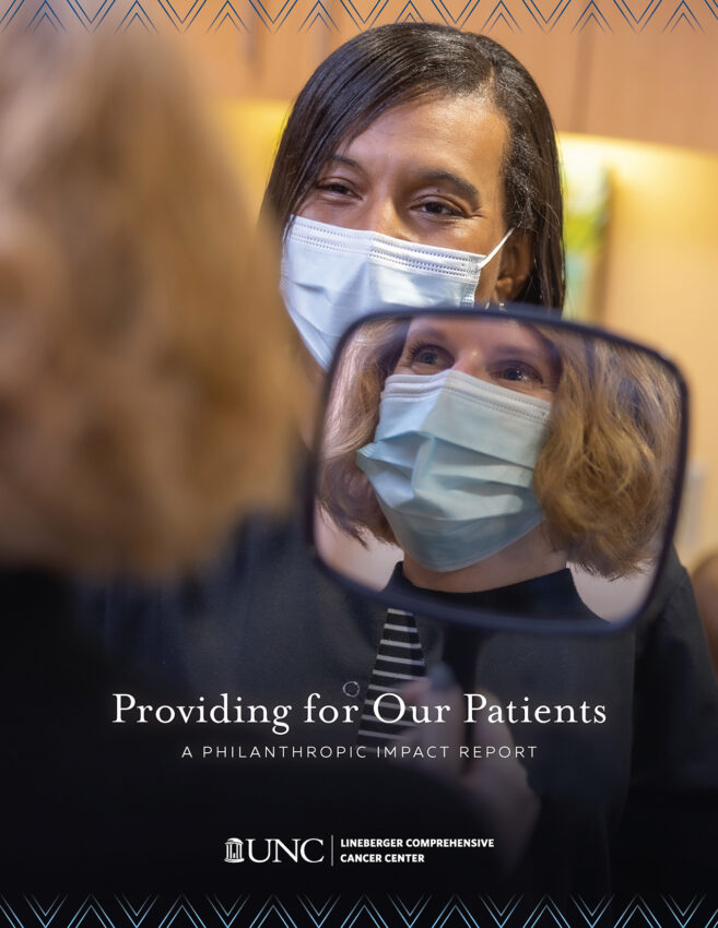 Cover of 2022 Philanthropic Impact Report. Catina Mitchell helps Lindsey Bailey in the Brighter Image Boutinque, part of the Mary Anne Long Patient and Family Resource Center at the North Carolina Basnight Cancer Hospital.