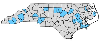 Map of North Carolina counties, with 20 counties highlighted to indicate participation in the NC Cancer Survivorship Professionals Action Network.