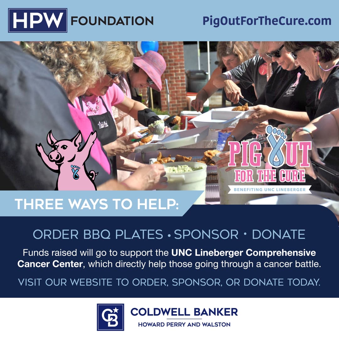Three ways to help: order barbeque plates, sponsor, and donate. Funds raised during Pig Out For The Cure will go to support the UNC Lineberger Comprehensive Cancer Center. 